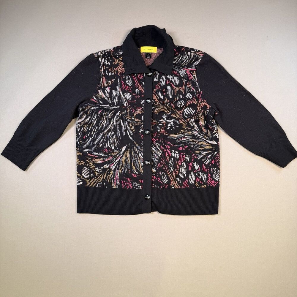 St. John Black Pink Gold Metallic Floral Print Wool Blend Cardigan Sweater Large - Picture 2 of 13